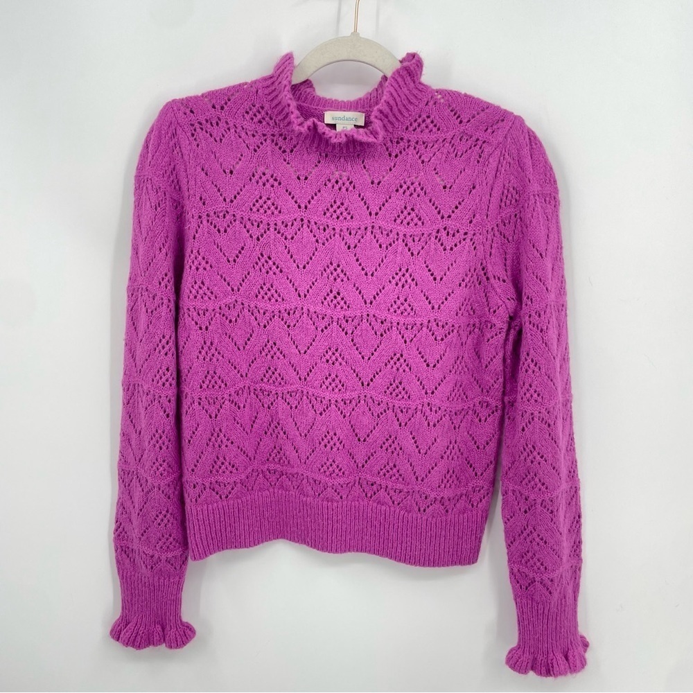Sundance Bertina Everyday Turtleneck Pointelle Ruffled purple‎ Sweater petite S